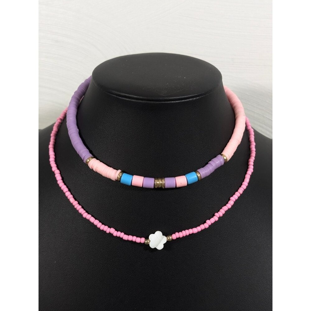 Boho Y2K Set of 2 Necklace Pink Purple Heishi Stretch Stacked Bead Shell Flower